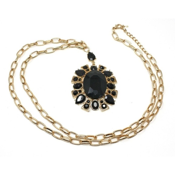 Vintage Black Statement Pendant Necklace Chunky Rhinestone 38" Chain - Hey Viv - Picture 2 of 4